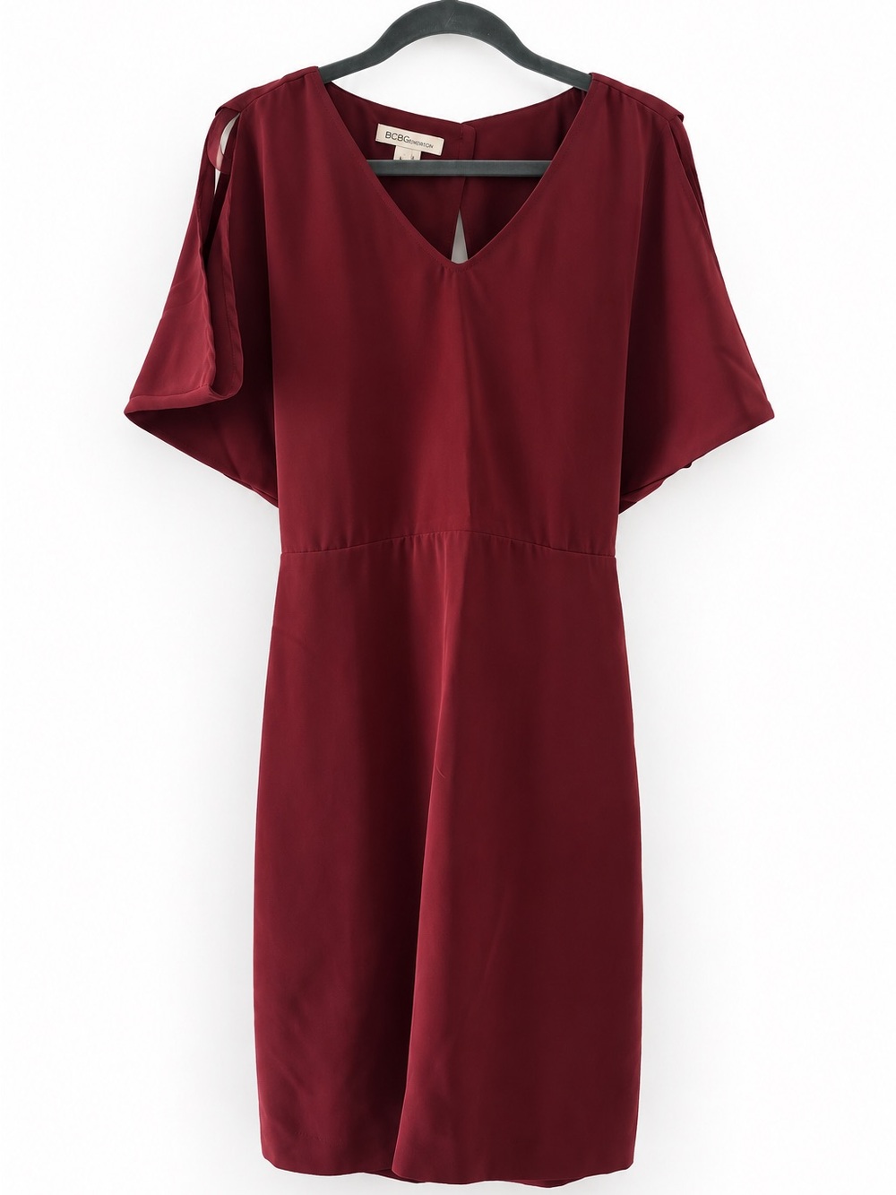 BCBGeneration Burgundy Cold Shoulder Flutter Sleeve Open Back Mini Dress Pockets